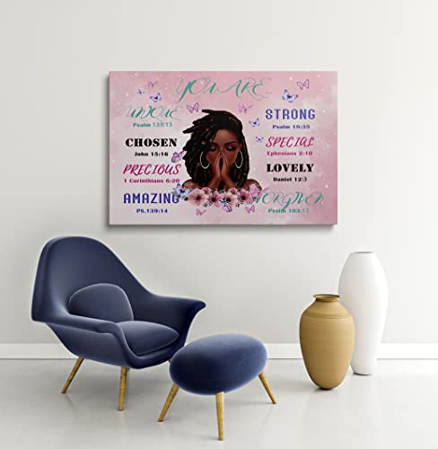African American Inspirational Girl Wall Art Pink Canvas - Christian Gifts For Women - Motivational Artwok- Spiritual Scripture Christian Wall Decor- Black Girl Magic Prints - Bible Verse Wall Art (12x16 Inch)