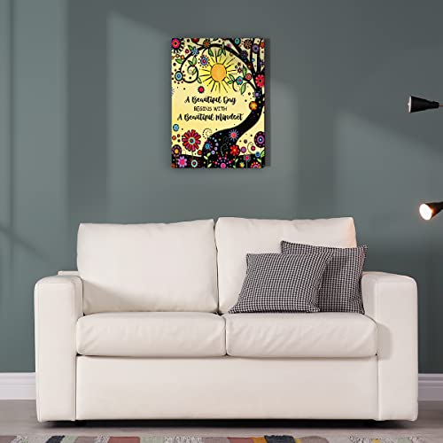A Beautiful Day Begins with a Beautiful Mindset Wall Art Canvas,Colorful Tree Inspirational Mental Health Canvas Poster Print for Teen Girls Bedroom Living room Dorm Wall Decor 12"x 15"