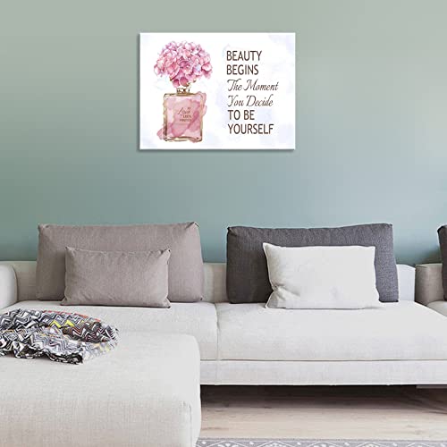 arteWOODS Fashioner Perfume Canvas Wall Art Gold Bottle Pink Flower Canvas Pictures Brown Inspirational Words Canvas Prints Motivational Quetos Wall Decor for Bathroom Bedroom Powder Room 16" X 12"