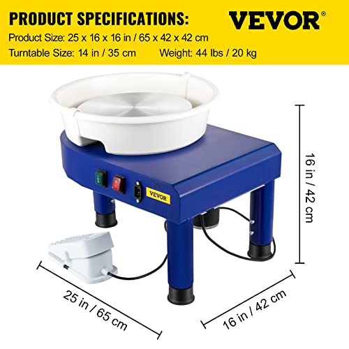 VEVOR Pottery Wheel, 14in Ceramic Wheel Forming Machine, 0-300RPM Speed 0-7.8in Lift Table Electric Clay Machine, Foot Pedal Detachable Basin Sculpting Tool Accessory Kit for Work Home Art Craft DIY