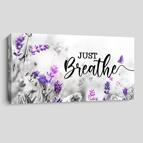 Creoate Just Breathe Bedroom Wall Art, Purple Lavender Picture with Inspirational Quotes Canvas Print Artwork for Home Decoration