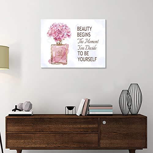 arteWOODS Fashioner Perfume Canvas Wall Art Gold Bottle Pink Flower Canvas Pictures Brown Inspirational Words Canvas Prints Motivational Quetos Wall Decor for Bathroom Bedroom Powder Room 16" X 12"