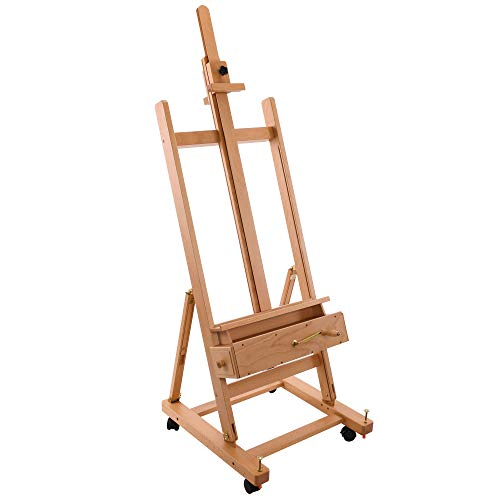 U.S. Art Supply Rocker Crank Wooden Adjustable Studio Easel - Extra Large Heavy Duty H-Frame, Mast to 132", Canvas to 81", Artist Storage Tray, Drawers - Beechwood Painting Holder Floor Stand, Wheels