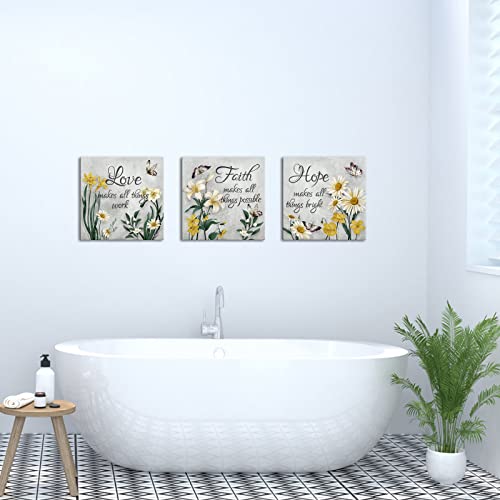 SkenoArt Flower Wall Art for Bedroom Grey and Yellow Butterfly Floral Canvas Paintings Faith Hope Love Quotes Inspirational Pictures Prints Home Farmhouse Bathroom Decor Ready to Hang 12x12inchx3pcs