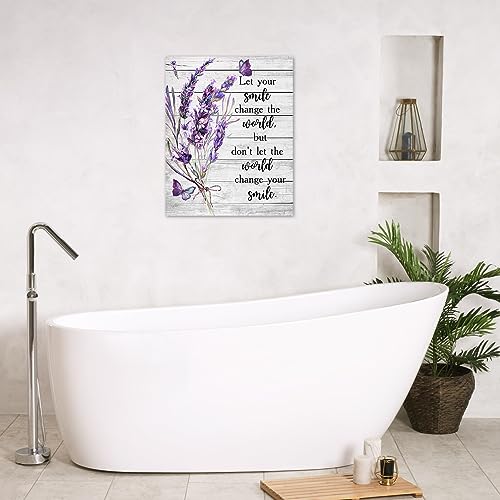 HVEST Lavender Wall Art for Living Room, Purple Floral Butterfly and Inspirational Quote on Rustic Wood Boards Canvas Wall Art Rustic Framed Wall Art for Bedroom Bathroom Wall Decor, 16L X 12W inches