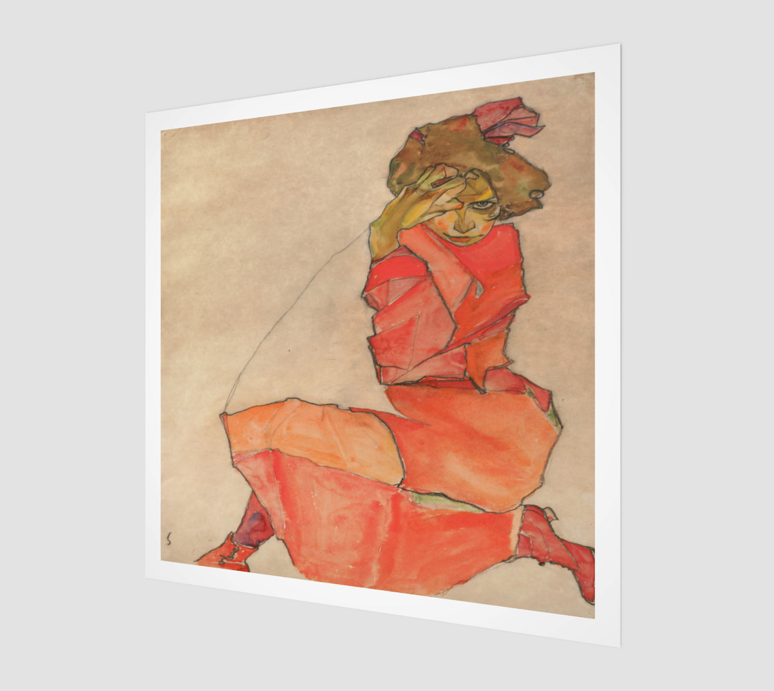 Kneeling Female in Orange-Red Dress by Egon Schiele