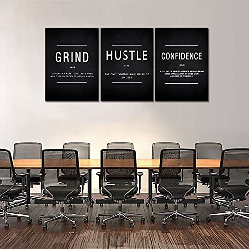 KAWAHONE Motivational Success Canvas Wall Art, Grind Hustle Confidence Wall Decor Framed Inspirational Entrepreneurs Painting Prints Quotes Poster for Office Workplace Ready to Hang