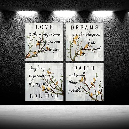 iKNOW FOTO Inspirational Wall Art Canvas Set of 4 Grey Canvas Print Faith Love Dreams Believe Calligraphy Canvas Quotes Motivational Posters for Home Office Decor Each Panel 12x12 Inches (Small)