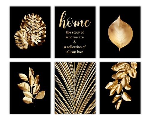 Gold Leaf Art Prints,Modern Black Gold Botanical Tropical Plant Leaves Wall Art Decor,Foliage Inspirational Quotes Canvas Gallery Poster Prints for Bedroom Room Home Decor,Set of 6 (8"X10" Unframed)