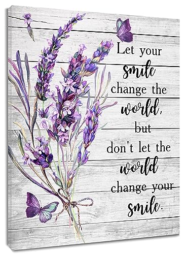 HVEST Lavender Wall Art for Living Room, Purple Floral Butterfly and Inspirational Quote on Rustic Wood Boards Canvas Wall Art Rustic Framed Wall Art for Bedroom Bathroom Wall Decor, 16L X 12W inches