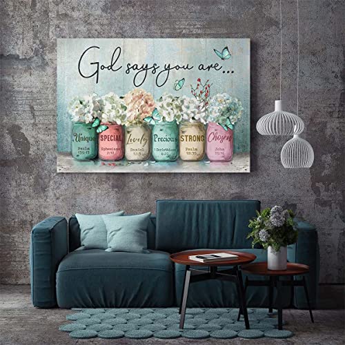 Inspirational Canvas Wall Art Encouraging Bible Verses On Cute Marson Jars and Butterflies God Says You Are Teal Background Artwork for Living Room Bedroom Bathroom Office Home Decor 12x16 In