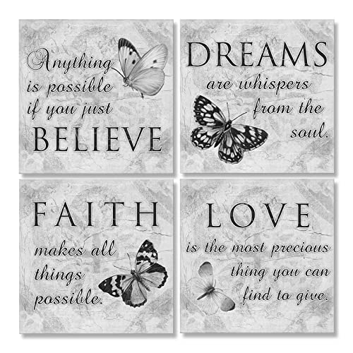 Inspirational Butterfly Wall Art - 4 Panels Grey Canvas Print - Faith Love Dreams Believe Calligraphy Canvas Wall Decor - Motivational Posters for Home Office Decor (B01, 12x12inch)
