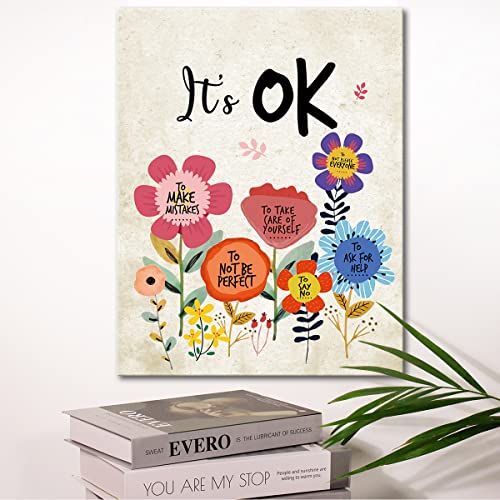 It's Ok Wall Art Canvas,Inspirational Quotes Framed Canvas Wall Art for Kids Girls Room Wall Decor,Encouragement Gifts for Girls Daughter-Flower