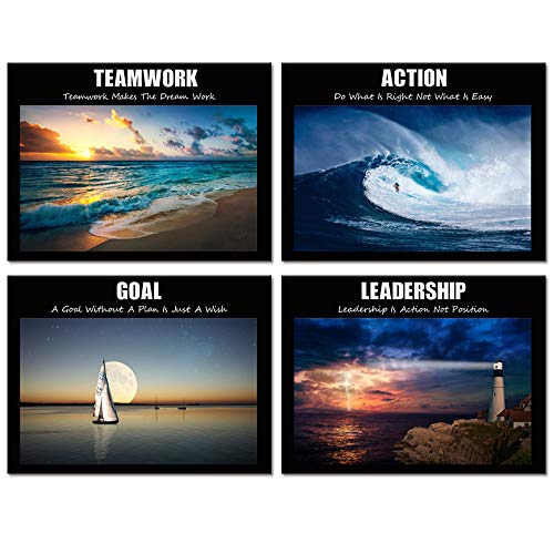 Visual Art Decor Large Motivation Teamwork Leadership Action Goal Inspirational Quotes Canvas Wall Art Ocean Waves Sea Seascape Picture Prints for Home Office Wall Decoration Set of 4 Ready to Hang
