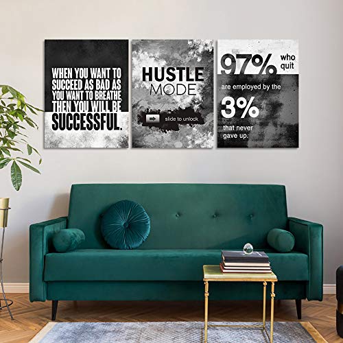 Wall Art Motivational Posters Inspirational Wall Decor Motivational Canvas Wall Art Success Hustle Poster Entrepreneur Quote 3 Pieces Painting Prints Artwork for Home Decor Wooden Framed(36”Wx16”H)
