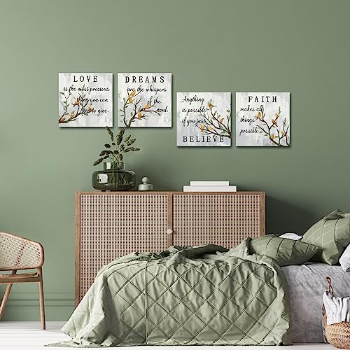 iKNOW FOTO Inspirational Wall Art Canvas Set of 4 Grey Canvas Print Faith Love Dreams Believe Calligraphy Canvas Quotes Motivational Posters for Home Office Decor Each Panel 12x12 Inches (Small)