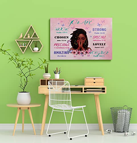 African American Inspirational Girl Wall Art Pink Canvas - Christian Gifts For Women - Motivational Artwok- Spiritual Scripture Christian Wall Decor- Black Girl Magic Prints - Bible Verse Wall Art (12x16 Inch)