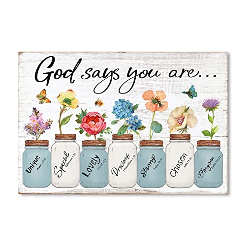 Inspirational Floral Canvas Wall Art: God Says You Are Positive Quotes Wall Decor, Flowers in Mason Jar Picture Motivational Bible Verse Poster for Women Bedroom Home Decoration 10" x 15"