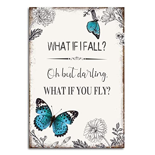 Inspirational Quote Canvas Wall Art : Motivational Posters Blue Butterfly Flower Picture Framed, What if I Fall Positive Affirmations Bedroom Decor Gift for Women Girl 10" x 15"