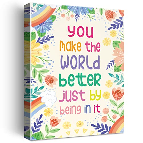 You Make the World Better Inspirational Quote Canvas Prints Framed Wall Art, Colorful Flowers Motivational Motto Framed Canvas Wall Art for Girls Friends Sister Home Bedroom Dorm Wall Decor