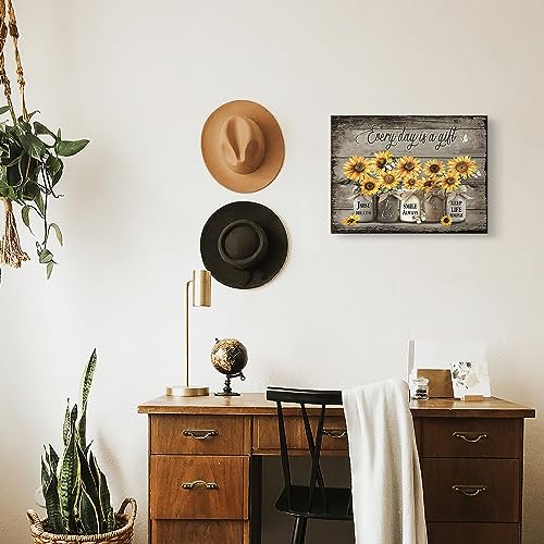 Luslya Rustic Sunflower Gift Canvas Wall Art Vintage Floral Butterfly Inspirational Painting Wall Decor Framed Posters Home for Living Room Bedroom Bathroom Decoration 12x16 inch