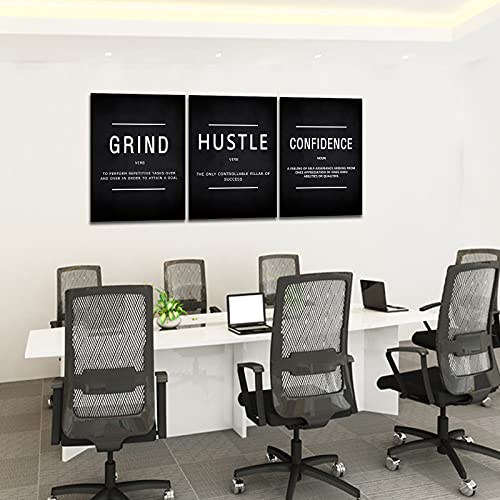 KAWAHONE Motivational Success Canvas Wall Art, Grind Hustle Confidence Wall Decor Framed Inspirational Entrepreneurs Painting Prints Quotes Poster for Office Workplace Ready to Hang