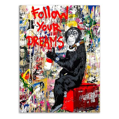 Tribute to art Banksy Canvas Wall Art, Monkey gorilla Animal Street Graffiti Posters, Follow Your Dreams" Inspirational Print Art for Office Living Room Bathroom Bedroom No Frame (16x24 inch, Monkey)