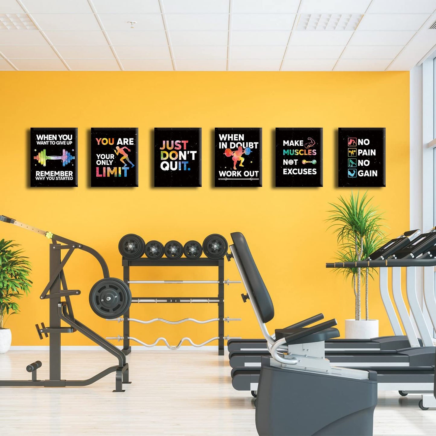HLNIUC Motivational Gym Wall Art,Inspirational Workout Room Wall Decor, Motivational Words Home Gym Decor Set Of 6(12’’X16’’,framed),Positive Canvas Art Print For Gym,Exercise Classroom Decor