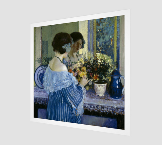 Girl in Blue Arranging Flowers by Frederick Carl Frieseke