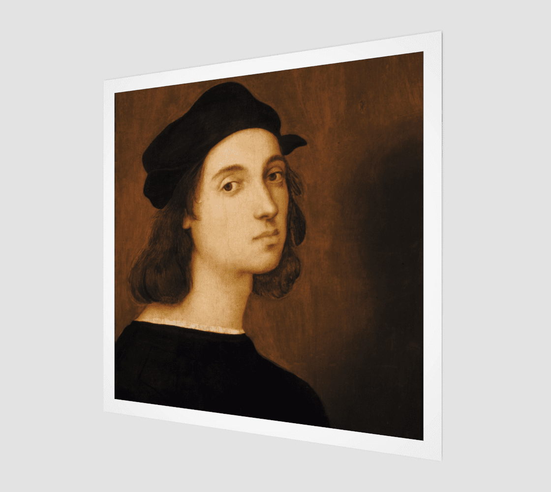 Buy famous artwork Raffaello Sanzio da Urbino Portrait - A portrait painting of Raffaello Sanzio da Urbino wearing a black hat with a black shirt